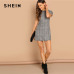 SHEIN Grey 100% Cotton Peter-Pan-Collar Plaid Short Sheath Short Sleeve Flared Dress Autumn Elegant Modern Lady Women Dresses