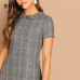 SHEIN Grey 100% Cotton Peter-Pan-Collar Plaid Short Sheath Short Sleeve Flared Dress Autumn Elegant Modern Lady Women Dresses