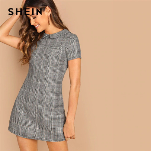 SHEIN Grey 100% Cotton Peter-Pan-Collar Plaid Short Sheath Short Sleeve Flared Dress Autumn Elegant Modern Lady Women Dresses