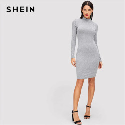 SHEIN Grey Elegant Office Lady Mock Neck Heathered Knit Solid Natural Waist Skinny Dress Autumn Casual Minimalist Women Dresses