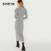 SHEIN Grey Elegant Party Ruffle Detail Round Neck Long Sleeve Natural Waist Solid Dress 2018 Autumn Highstreet Women Dresses