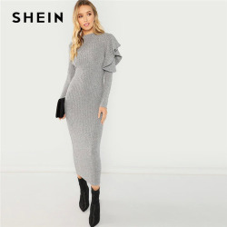 SHEIN Grey Elegant Party Ruffle Detail Round Neck Long Sleeve Natural Waist Solid Dress 2018 Autumn Highstreet Women Dresses