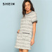 SHEIN Grey Plaid Frayed Edge Button Detail Tweed Dress Elegant Frill Straight Short Dresses Women Autumn Workwear Mini Dress