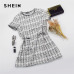 SHEIN Grey Plaid Frayed Edge Button Detail Tweed Dress Elegant Frill Straight Short Dresses Women Autumn Workwear Mini Dress