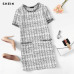 SHEIN Grey Plaid Frayed Edge Button Detail Tweed Dress Elegant Frill Straight Short Dresses Women Autumn Workwear Mini Dress