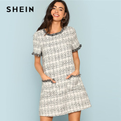 SHEIN Grey Plaid Frayed Edge Button Detail Tweed Dress Elegant Frill Straight Short Dresses Women Autumn Workwear Mini Dress