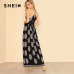 SHEIN Lace Waist Split Front Cami Dress Women V Neck Spaghetti Strap Sleeveless Maxi Dress 2018 Summer Tribal High Waist Dress