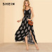 SHEIN Lace Waist Split Front Cami Dress Women V Neck Spaghetti Strap Sleeveless Maxi Dress 2018 Summer Tribal High Waist Dress