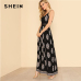 SHEIN Lace Waist Split Front Cami Dress Women V Neck Spaghetti Strap Sleeveless Maxi Dress 2018 Summer Tribal High Waist Dress