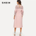 SHEIN Lace Yoke and Sleeve Pearl Beading Belted Dress Pink 3/4 Sleeve Ruffle Straight Tunic Dresses Women Autumn Elegant Dress