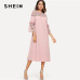 SHEIN Lace Yoke and Sleeve Pearl Beading Belted Dress Pink 3/4 Sleeve Ruffle Straight Tunic Dresses Women Autumn Elegant Dress