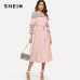 SHEIN Lace Yoke and Sleeve Pearl Beading Belted Dress Pink 3/4 Sleeve Ruffle Straight Tunic Dresses Women Autumn Elegant Dress