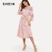 SHEIN Lace Yoke and Sleeve Pearl Beading Belted Dress Pink 3/4 Sleeve Ruffle Straight Tunic Dresses Women Autumn Elegant Dress