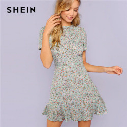 SHEIN Multicolor Allover Floral Print Ruffle Hem Textured Dress Elegant Casual Fit and Flare Dresses Women A Line Summer Dress