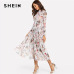 SHEIN Multicolor Highstreet Party Elegant Mock Neck Semi Sheer Pleated Floral A Line Dress 2018 Autumn Modern Lady Women Dresses