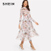 SHEIN Multicolor Highstreet Party Elegant Mock Neck Semi Sheer Pleated Floral A Line Dress 2018 Autumn Modern Lady Women Dresses