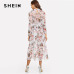 SHEIN Multicolor Highstreet Party Elegant Mock Neck Semi Sheer Pleated Floral A Line Dress 2018 Autumn Modern Lady Women Dresses