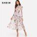 SHEIN Multicolor Highstreet Party Elegant Mock Neck Semi Sheer Pleated Floral A Line Dress 2018 Autumn Modern Lady Women Dresses