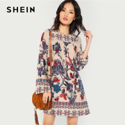 SHEIN Multicolor Lace Eyelet Flower Print Dress Beach Vacation Botanical Short Dresses Women Autumn Streetwear Tunic Mini Dress