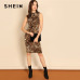 SHEIN Multicolor Modern Lady Elegant Mock-Neck Leopard Print Knee Length Stand Collar Dress Autumn Women Workwear Dresses