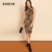 SHEIN Multicolor Modern Lady Elegant Mock-Neck Leopard Print Knee Length Stand Collar Dress Autumn Women Workwear Dresses