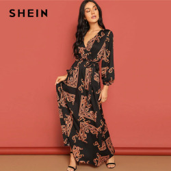 SHEIN Multicolor Scarf Print Belted Maxi Wrap Dress V Neck Long Sleeve Fit and Flare  A Line Dress 2019 Women Spring Dresses