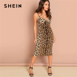 SHEIN Multicolor Sexy Party Backless Leopard Print Cami Sleeveless Pencil Skinny Club Dress Autumn Night Out Women Dresses