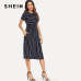 SHEIN Navy Elegant Round Neck Short Sleeve Mixed Stripe Natural Waist Smock Dress Summer Women Weekend Casual Dresses