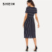 SHEIN Navy Elegant Round Neck Short Sleeve Mixed Stripe Natural Waist Smock Dress Summer Women Weekend Casual Dresses