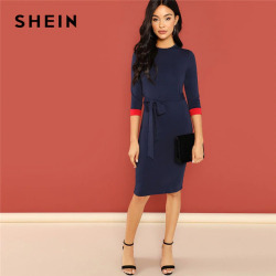 SHEIN Navy Office Lady Colorblock Belted 3/4 Sleeve Pencil Dress 2018 Autumn Round Neck Elegant Modern Lady Women Dresses