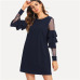 SHEIN Navy Office Lady Solid Ruffle Mesh Insert Tiered Layered Bell Sleeve Dress 2018 Autumn Fashion Elegant Women Dresses