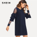 SHEIN Navy Office Lady Solid Ruffle Mesh Insert Tiered Layered Bell Sleeve Dress 2018 Autumn Fashion Elegant Women Dresses