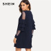 SHEIN Navy Office Lady Solid Ruffle Mesh Insert Tiered Layered Bell Sleeve Dress 2018 Autumn Fashion Elegant Women Dresses