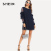 SHEIN Navy Office Lady Solid Ruffle Mesh Insert Tiered Layered Bell Sleeve Dress 2018 Autumn Fashion Elegant Women Dresses