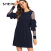 SHEIN Navy Office Lady Solid Ruffle Mesh Insert Tiered Layered Bell Sleeve Dress 2018 Autumn Fashion Elegant Women Dresses