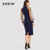 SHEIN Party Black or Blue Pencil Bodycon Dress With Jacquard Contrast Mesh Lantern Sleeve Spring Women Long Sleeve Solid Dresses