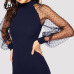 SHEIN Party Black or Blue Pencil Bodycon Dress With Jacquard Contrast Mesh Lantern Sleeve Spring Women Long Sleeve Solid Dresses