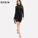 SHEIN Party Dress Women Sexy Bodycon Dress Black Long Sleeve Stand Collar Transparent Sheer Mesh Overlay 2 In 1 Dress