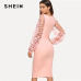 SHEIN Pink Elegant Party Flower Applique Contrast Mesh Sleeve Form Fitting Belted Solid Dress 2018 Autumn Women Casual Dresses