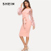 SHEIN Pink Elegant Party Flower Applique Contrast Mesh Sleeve Form Fitting Belted Solid Dress 2018 Autumn Women Casual Dresses