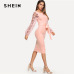 SHEIN Pink Elegant Party Flower Applique Contrast Mesh Sleeve Form Fitting Belted Solid Dress 2018 Autumn Women Casual Dresses