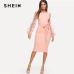 SHEIN Pink Elegant Party Flower Applique Contrast Mesh Sleeve Form Fitting Belted Solid Dress 2018 Autumn Women Casual Dresses