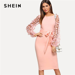 SHEIN Pink Elegant Party Flower Applique Contrast Mesh Sleeve Form Fitting Belted Solid Dress 2018 Autumn Women Casual Dresses