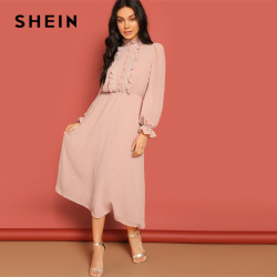 SHEIN Pink Frill and Lace Trim Half Placket Dot Jacquard Stand Collar Dress Autumn Women Long Sleeve Solid Arabian Dresses