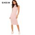 SHEIN Pink Mock Neck Rib Knit Plain Pencil Dress Women Stand Collar Sleeveless Slim Dress 2018 Elegant Going Out Bodycon Dress