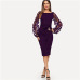 SHEIN Purple Party Elegant Solid Flower Applique Mesh Sleeve Form Fitting Skinny Pencil Dress Autumn Office Lady Women Dresses