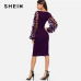 SHEIN Purple Party Elegant Solid Flower Applique Mesh Sleeve Form Fitting Skinny Pencil Dress Autumn Office Lady Women Dresses