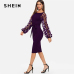 SHEIN Purple Party Elegant Solid Flower Applique Mesh Sleeve Form Fitting Skinny Pencil Dress Autumn Office Lady Women Dresses