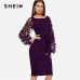 SHEIN Purple Party Elegant Solid Flower Applique Mesh Sleeve Form Fitting Skinny Pencil Dress Autumn Office Lady Women Dresses