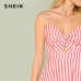 SHEIN Red Vacation Boho Bohemian Beach Backless Twist Front Cutout Knot Back Striped V Neck Cami Dress Summer Women Sexy Dresses